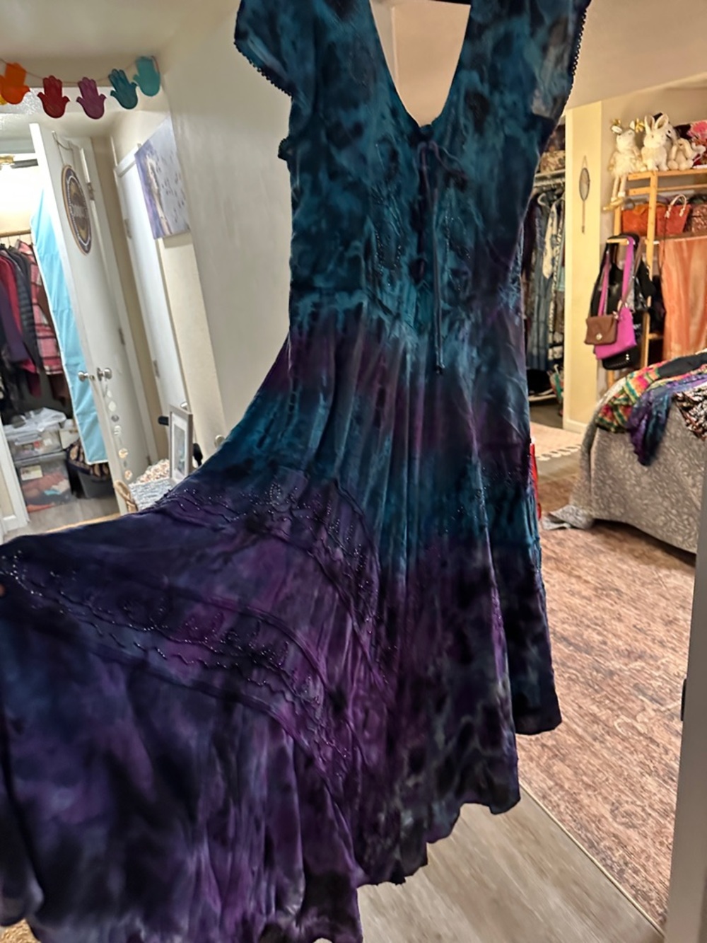 Sakkas Teal and Purple Tie-Dye V-Neck Maxi Dress